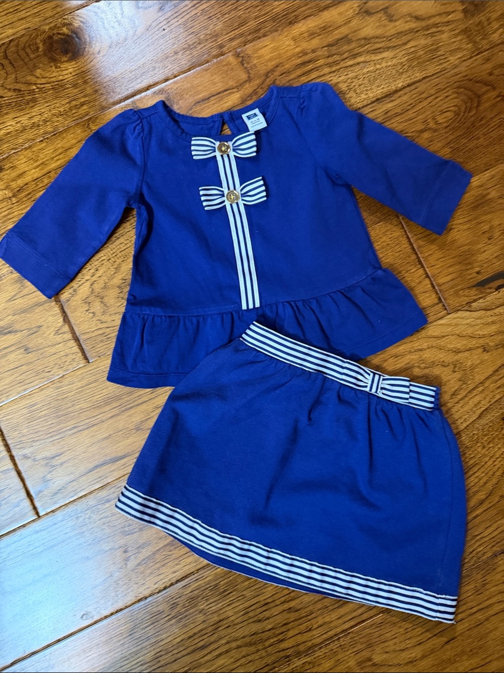 Janie and Jack Royal Blue Girls Two-Piece Skirt Set with Striped Bow Trim